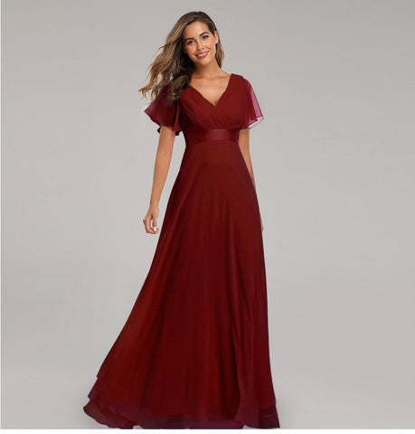 W&M Love of Romance Burgundy Red Flutter Sleeve A-line Elegant Maxi Party Dress