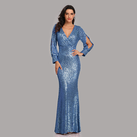 W&M Perfect Day Long-sleeve Floor-length Elegant Classic Blue Sequin Maxi Party Dress