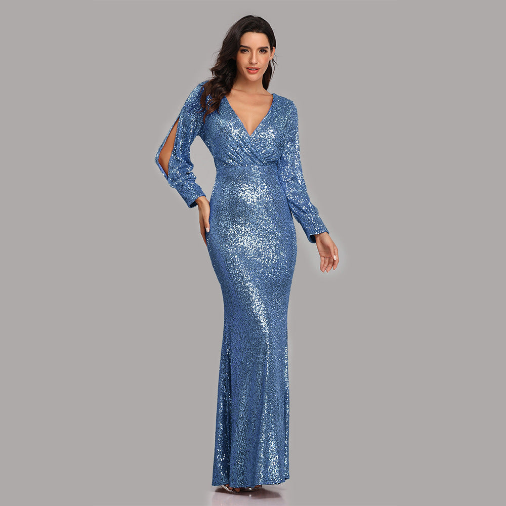 W&M Perfect Day Long-sleeve Floor-length Elegant Classic Blue Sequin Maxi Party Dress