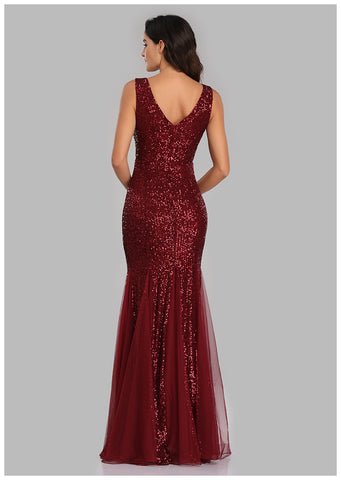 W&M True Star Burgundy Red Sequin Floor-length Elegant Party Dress