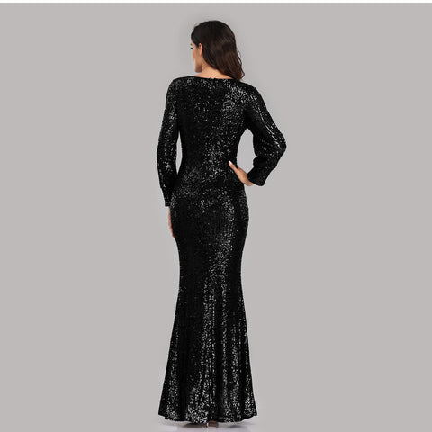 W&M Brightest Moment Long-sleeve Floor-length Elegant Classic Black Sequin Maxi Party Dress