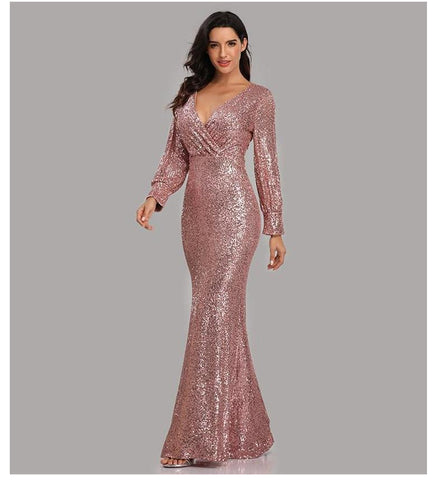 W&M Here for the Show Long-sleeve Floor-length Elegant Classic Pink Sequin Maxi Party Dress