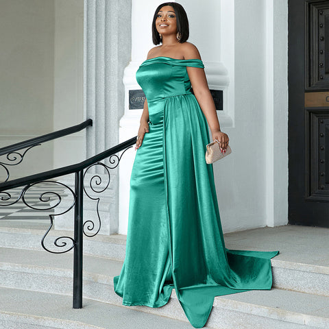 W&M Envy Me Elegant Emerald Elastic Satin Maxi Party Dress