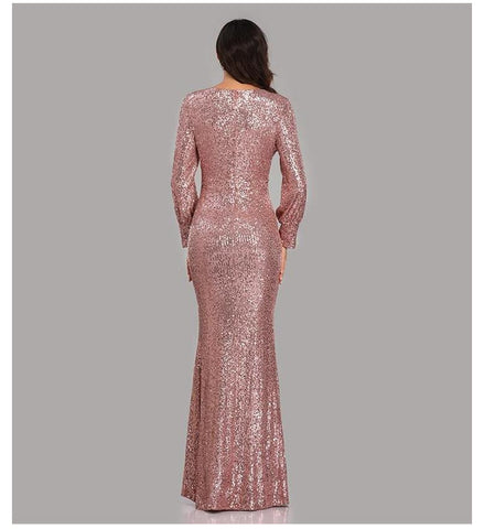 W&M Here for the Show Long-sleeve Floor-length Elegant Classic Pink Sequin Maxi Party Dress