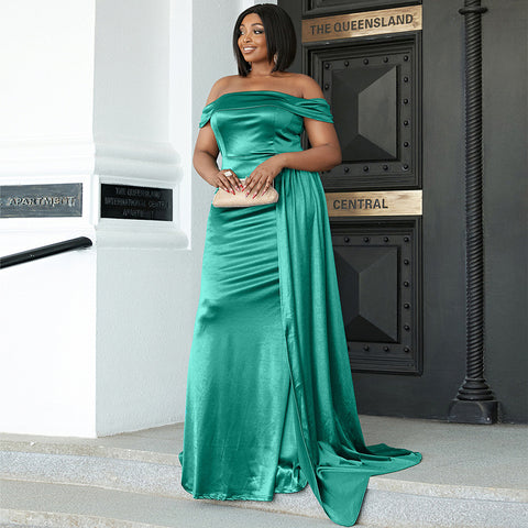 W&M Envy Me Elegant Emerald Elastic Satin Maxi Party Dress