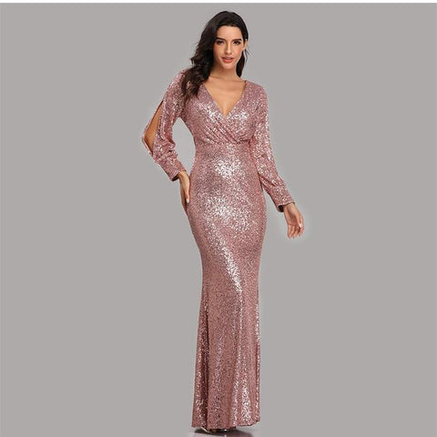 W&M Here for the Show Long-sleeve Floor-length Elegant Classic Pink Sequin Maxi Party Dress